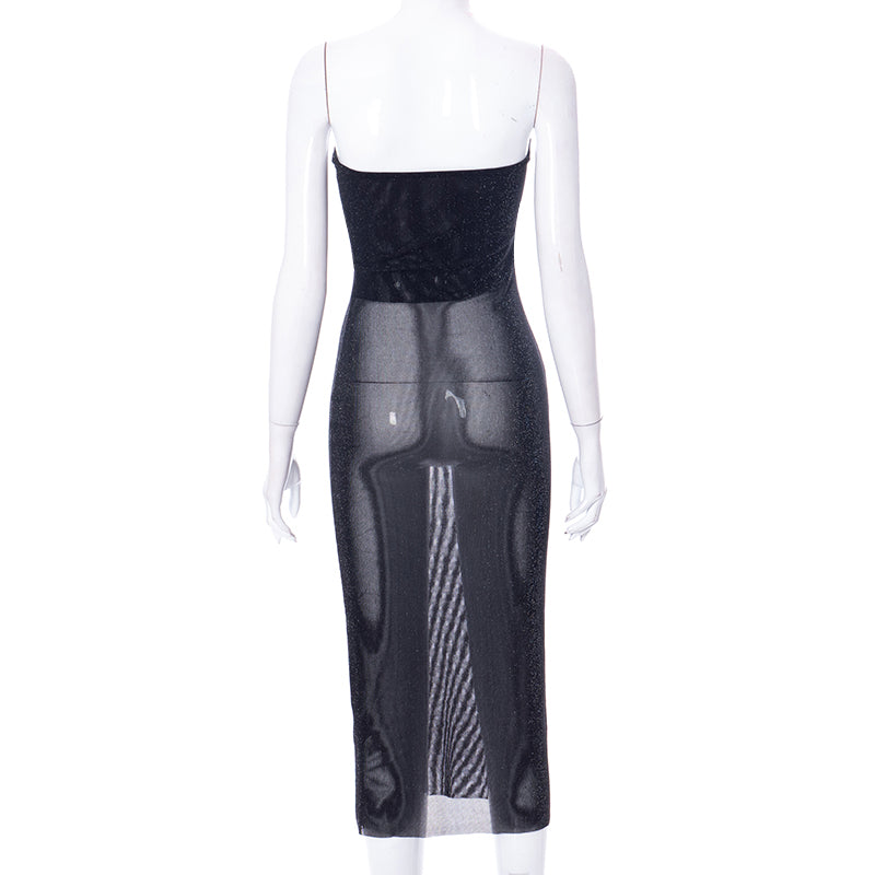 Voguable  Mesh Off Shoulder Black Sleeveless Patchwork See Through Sexy Midi Dress 2022 Summer Bodycon Holiday Party Outfits Y2K voguable