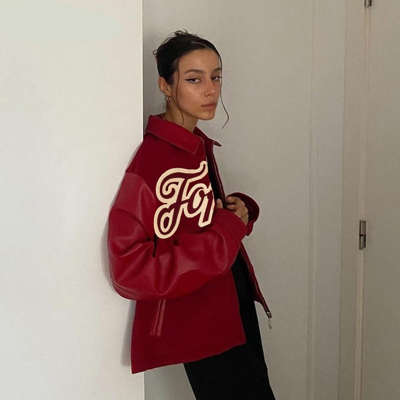 Voguable Pu Leather Letter Print Zipper Long Sleeve Loose Patchwork Jacket Autumn Winter Women Streetwear Outfits Y2K voguable