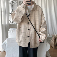 Voguable   2022 New Men's Jacket Oversize Plaid Coat Single Breasted Turn-down Collar Vintage Checkered Windbreaker Clothing Tops Man Khaki voguable