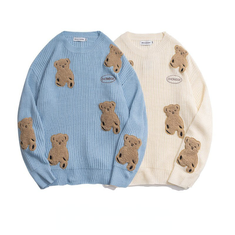 Voguable Patch Bear Knitted Sweaters Harajuku Sweater Cartoon  Pullover Men 2020 Winter Retro Oversized Unisex Couple Streetwear voguable