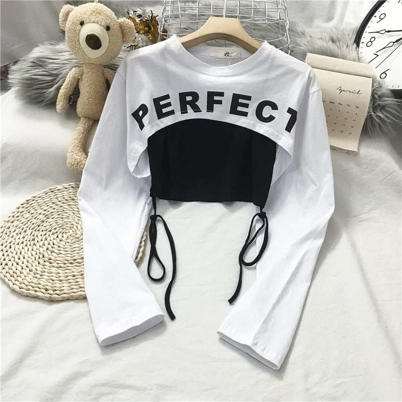 Voguable  High Street Fashion T Shirts Women 2021 New Spring Summer Long Sleeve False Two Piece Female Crops Tops S M L XL voguable