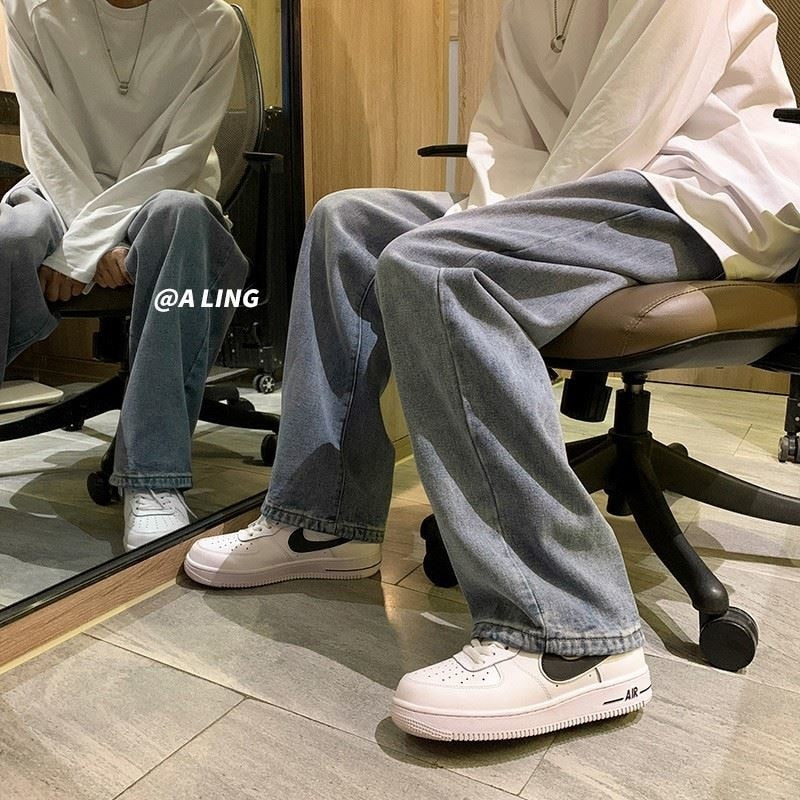 Voguable  Black jeans men men's loose straight tube summer thin fashion brand ins wide leg mop dad pants ruffian handsome falling feeling voguable