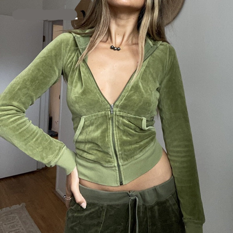 Voguable  Casual Velvet Crop Top Winter Jacket Women Green Pink Zip Up Hoodies Coats Ladies Fashion Skinny Overcoat Streetwear voguable