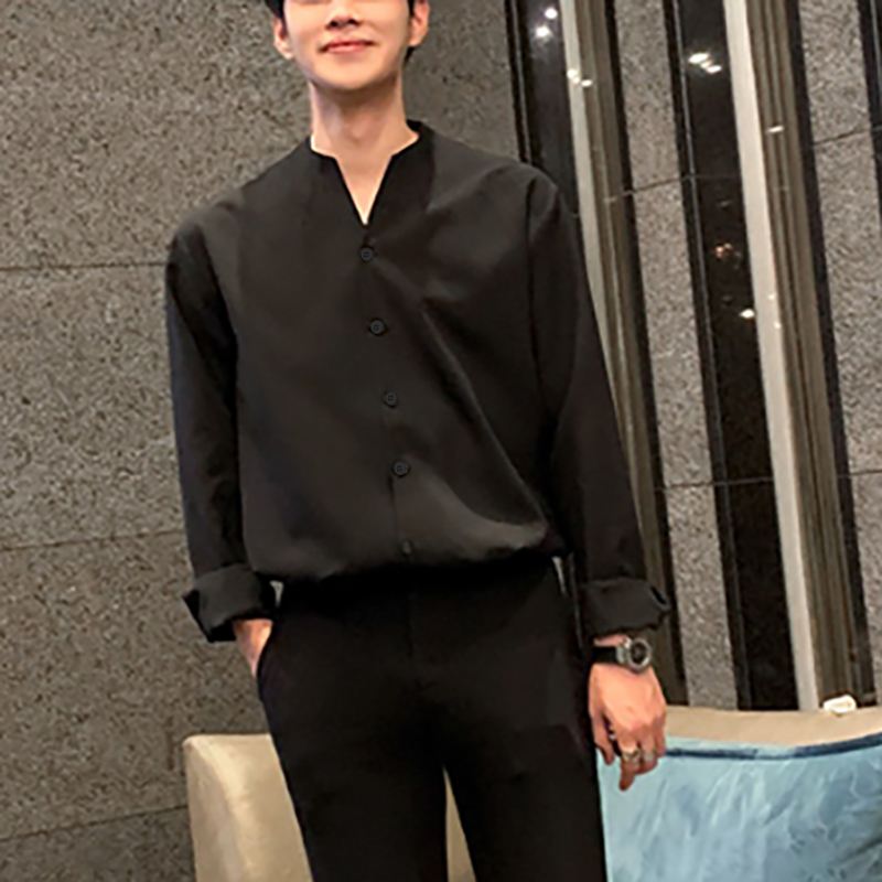 Voguable Fashion Men Brand Shirt Solid Long Sleeve V Neck Chic Button Casual Blouse 2021 Streetwear Korean Style Shirts Camisas voguable