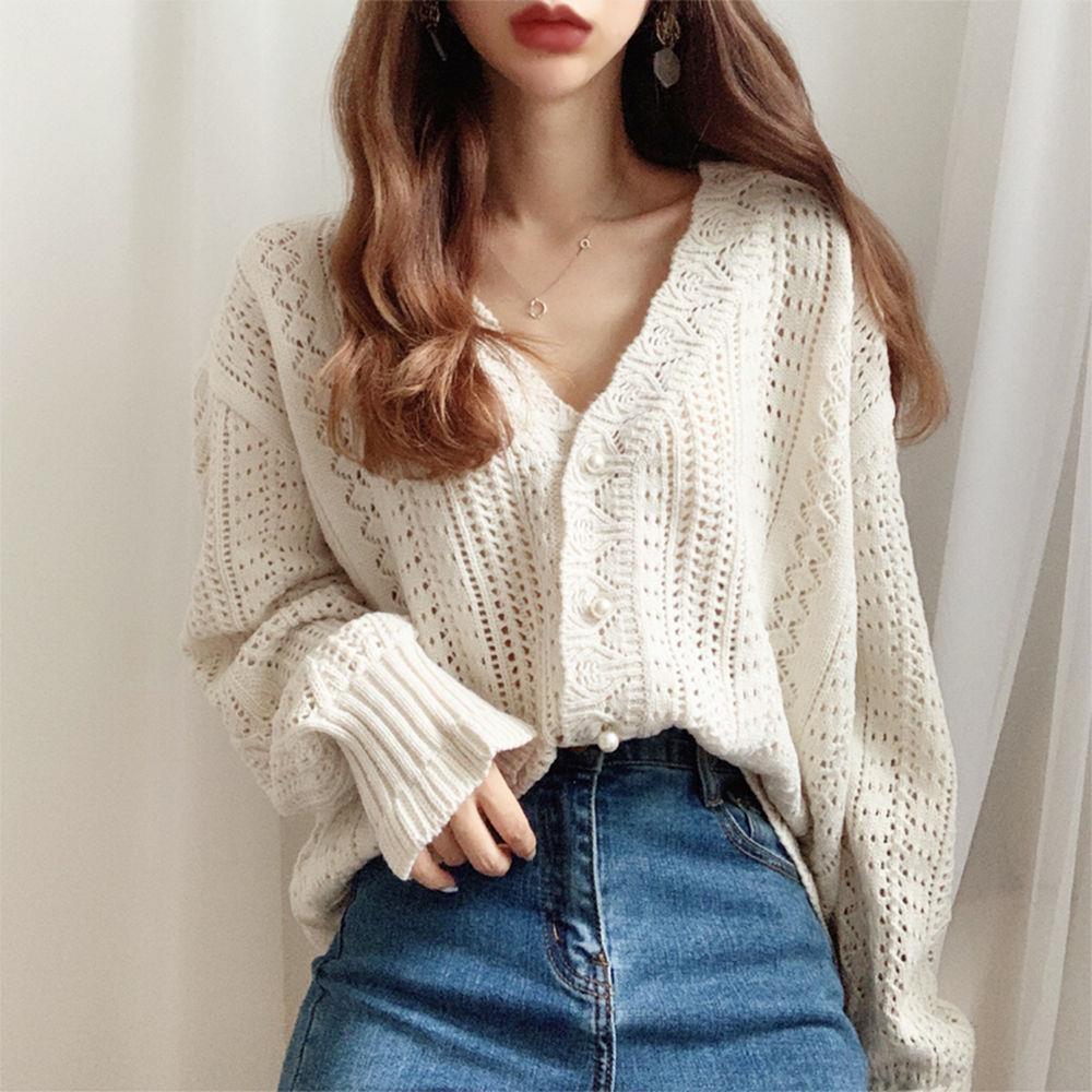 Voguable  Cropped Cardigan Women Spring Chic Hollow Out Elegant V-Neck Korean Vintage Femme Jumper White Sweet Girls Pearls Lady Knitwear voguable