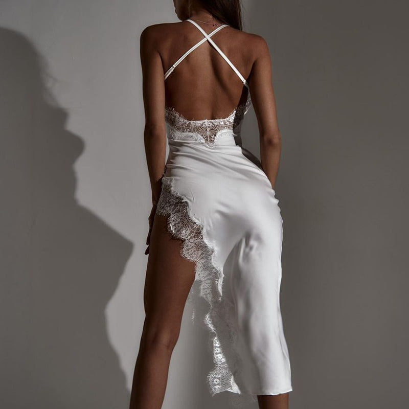 Voguable  Satin Solid Halter Bandage Backless Lace Sexy Irregular Maxi Dress 2022 Spring Sexy Evening Party Elegant Robe voguable