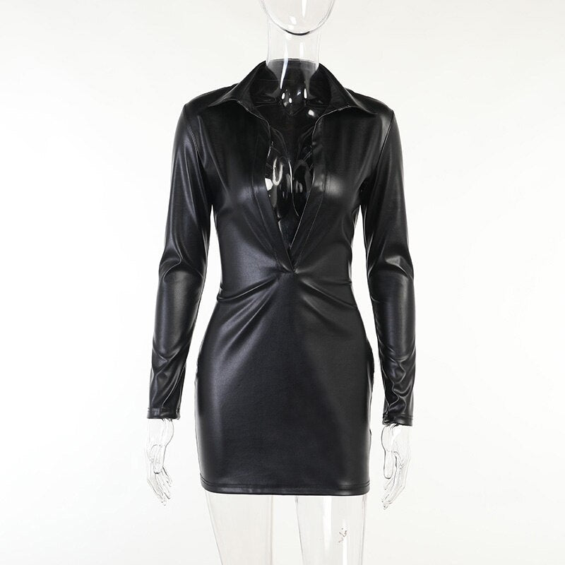 Voguable  2022 Pu Leather Deep V Neck Long Sleeve Loose Mini Dress Autumn Winter Women Fashion Casual Streetwear Outfits Club Y2K voguable