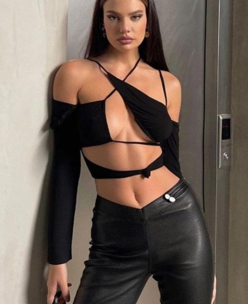Voguable Women Pure Halter Single Shoulder Long Sleeve Bandage Drawstring Crop Top 2022 Fall Streetwear Outfit Fashion Y2K Party voguable