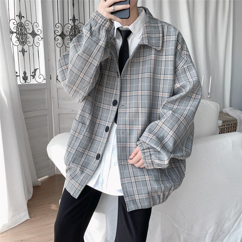 Voguable   2022 New Men's Jacket Oversize Plaid Coat Single Breasted Turn-down Collar Vintage Checkered Windbreaker Clothing Tops Man Khaki voguable