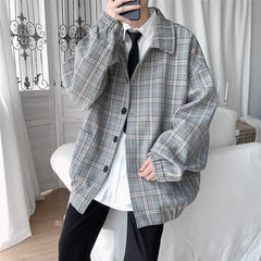 Voguable   2022 New Men's Jacket Oversize Plaid Coat Single Breasted Turn-down Collar Vintage Checkered Windbreaker Clothing Tops Man Khaki voguable