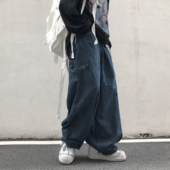Voguable 2022 Fashion Individuality Japanese-style Jean Men Loose Stripe Denim Pant Bule/Black Man and Women Hip hop Streetwear Trouser voguable