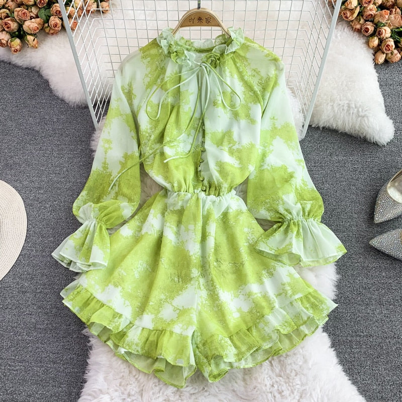 Bohemian Women Tie Dye Printed Chiffon Romper Female Elegant Ruffle V-Neck Wide Leg Jumpsuits Casual Yellow/Purple Playsuit New voguable