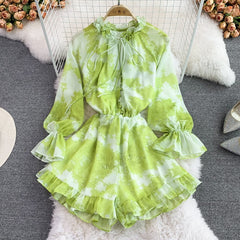 Bohemian Women Tie Dye Printed Chiffon Romper Female Elegant Ruffle V-Neck Wide Leg Jumpsuits Casual Yellow/Purple Playsuit New voguable