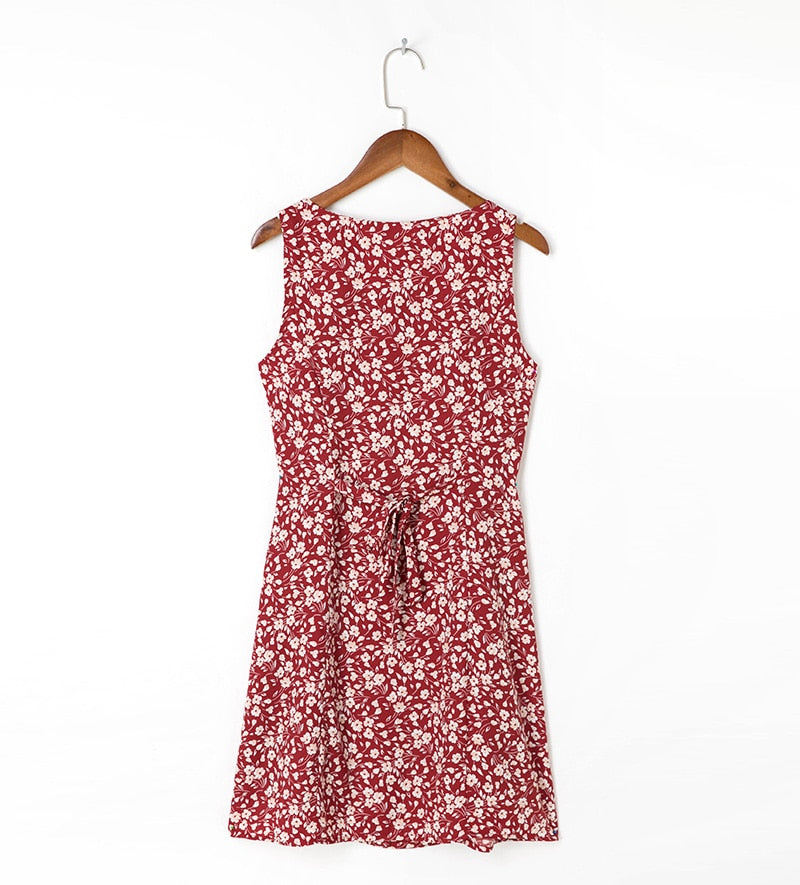 Summer Clothes For Women Elegant Vintage Floral Dress V Neck Sleeveless Button Back Waist Tie Mini Dress Vacation Beach Dress voguable