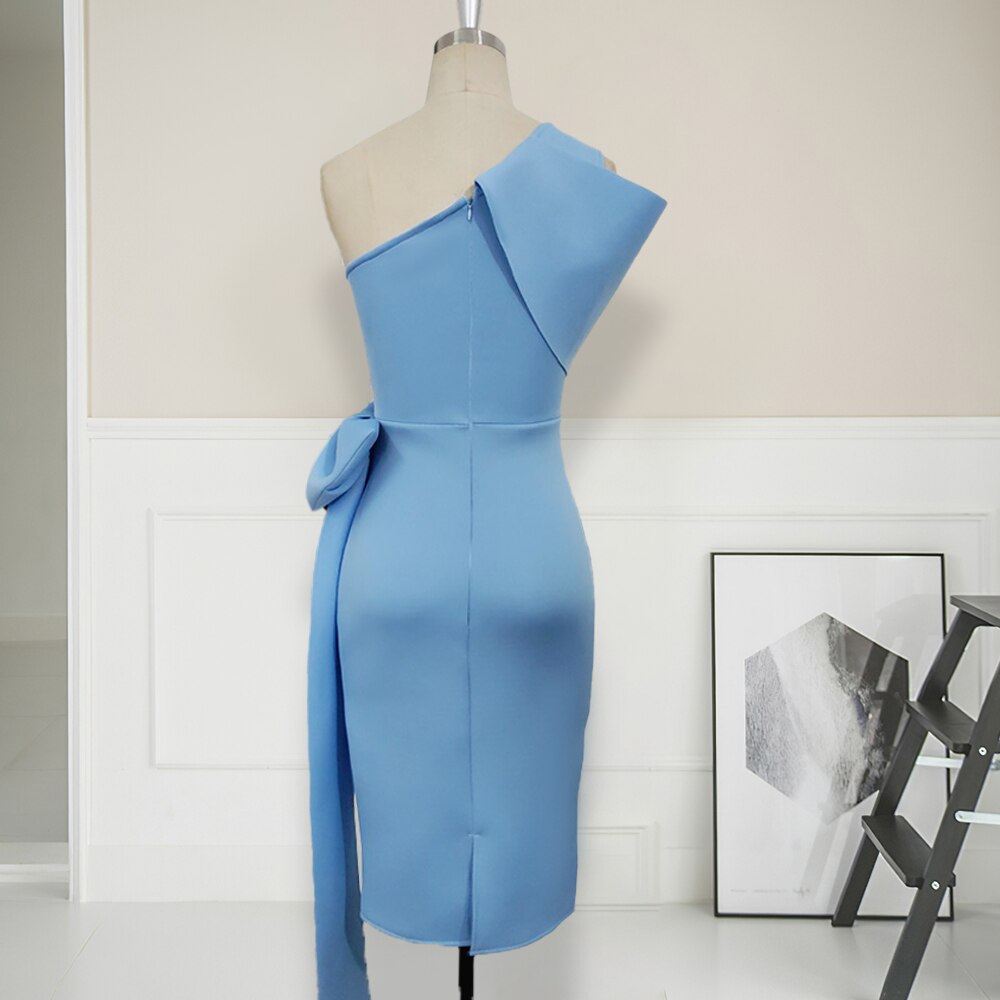 Women Bodycon Dresses One Shoulder with Bowtie Waist Belt Light Blue Dress Elegant Slim Vestido African Event Celebrate Occasion voguable