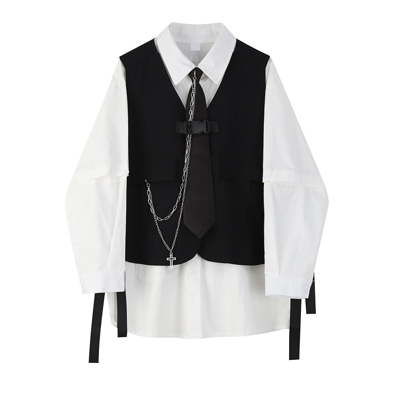 Voguable 2022 Spring Autumn Women's Two-Piece Sets Streetwear Fashion Tooling Style Vest And Solid Loose Long Sleeve Shirts Female Suit voguable