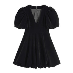 Voguable  2022Vintage French Crop Dress Women 50s 60s Audrey Hepburn Flannel V Neck Dresses Puff Short Sleeve Sexy Party Elegant Fluffy Frocks voguable