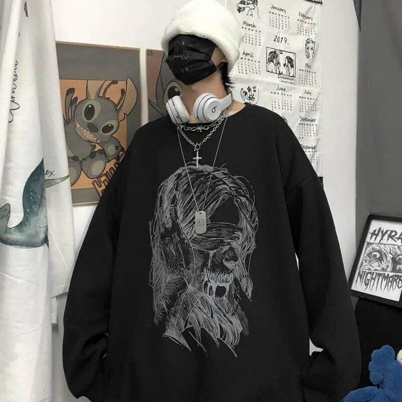 Voguable Retro dark printed sweatshirt for couples to wear loose black long sleeve top fashionable wide Songyuan night style album top voguable