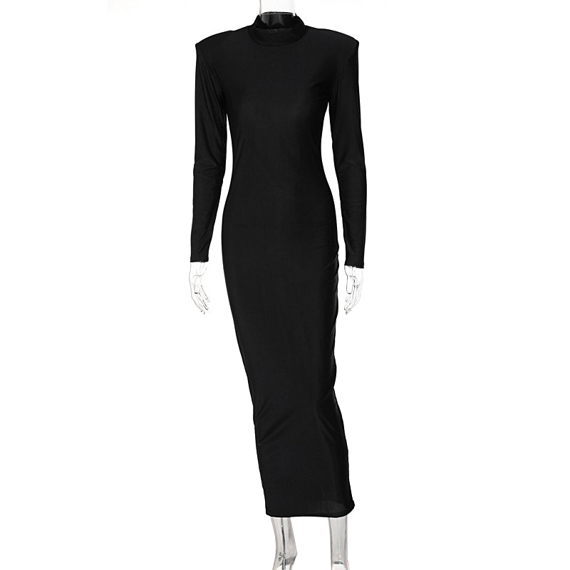 Voguable Solid Long Sleeve With Shoulder Pads Turtleneck Maxi Dress 2022 New Year Women Fashion Streetwear Elegant Skinny voguable