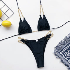 Peachtan Halter bikini set 2021 Chain swimsuit women Push up bathing suit Black swimwear women Micro bikini Swimming suit new voguable