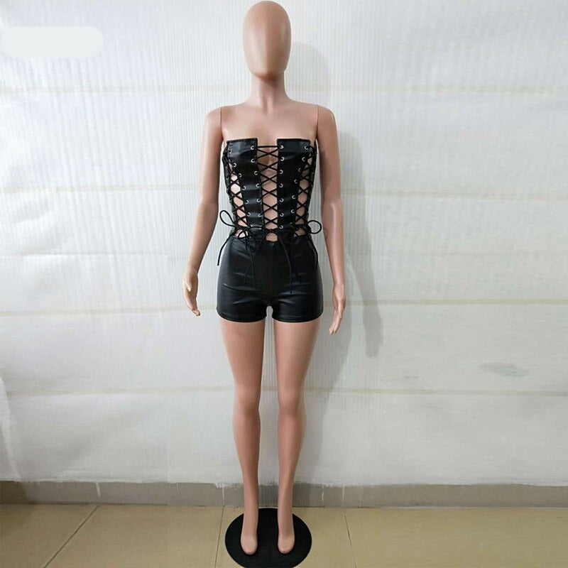Voguable Sexy PU Leather Lace Up Strapless Bodycon Playsuits Women Summer Streetwear Night Party Club Tube Jumpsuit Pink Black Romper voguable