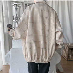 Voguable   2022 New Men's Jacket Oversize Plaid Coat Single Breasted Turn-down Collar Vintage Checkered Windbreaker Clothing Tops Man Khaki voguable