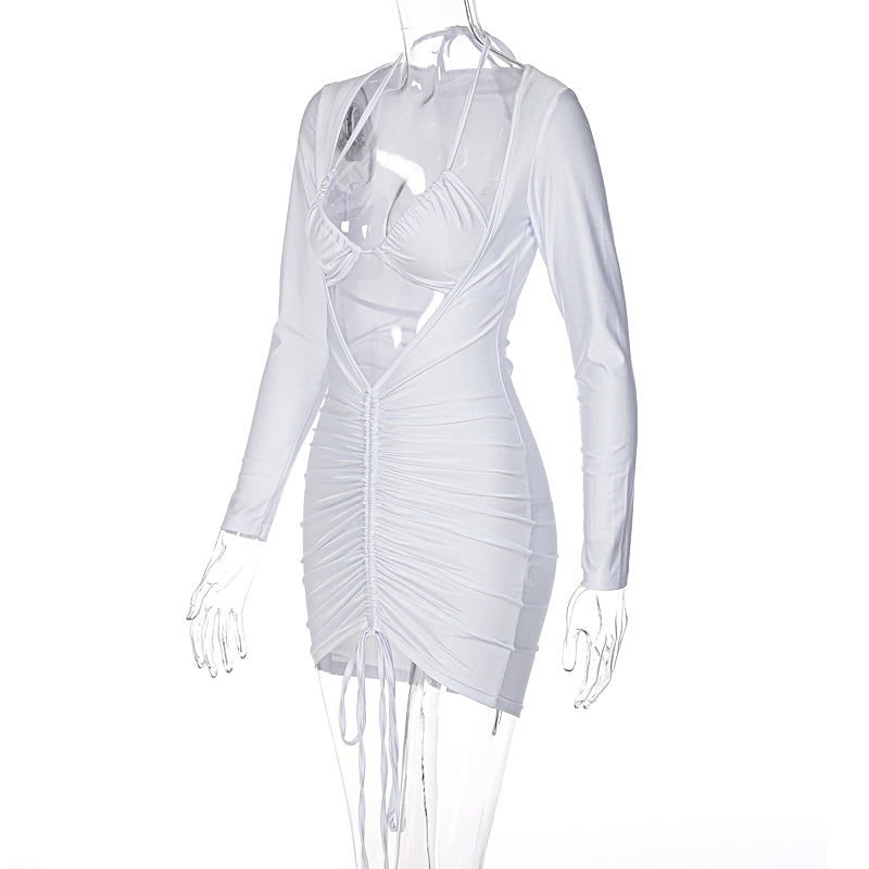 Voguable Long Sleeve Bandage Hollow Out Ruched Bodycon Mini Dress  Autumn Winter Women Fashion Y2K Slim Streetwear Elegant voguable