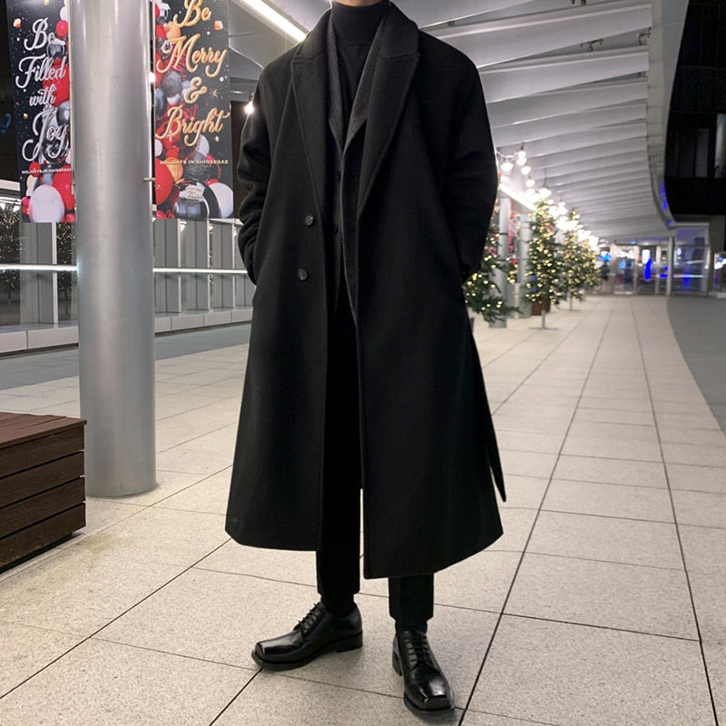 Korean Trend Men's Loose Casual Single-breasted Overcoat Autumn Winter Fashion New Long Sleeve Woolen Long Coat voguable