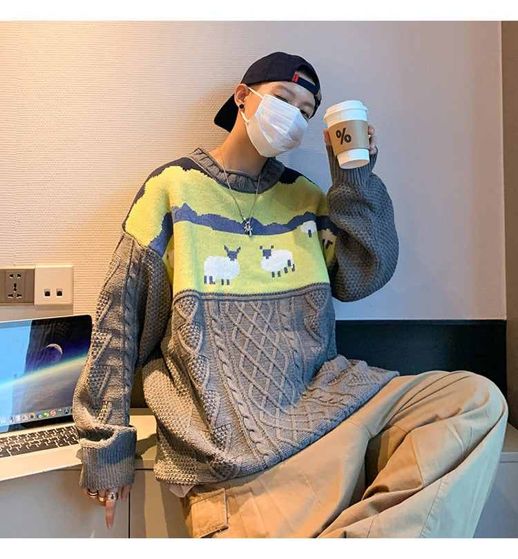 Voguable 2021 Harajuku Knitted Sweaters Cartoon Sheep Pullovers Men Hip Hop Streetwear Sweater Male Autumn Winter Loose Pullovers voguable