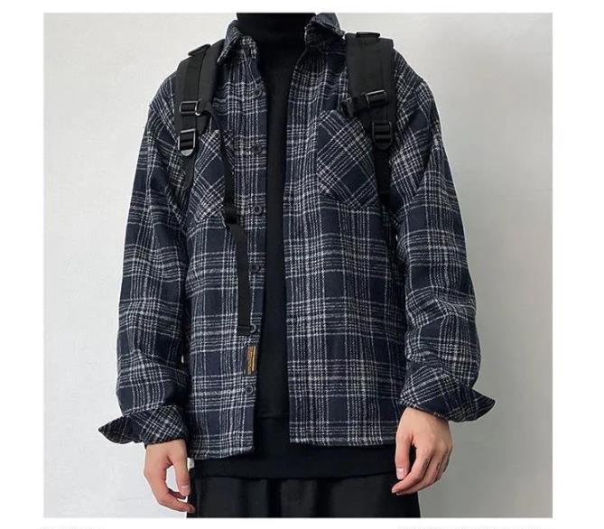 Voguable Japanese Fashion Retro Woolen Tooling Plaid Shirt for Men Cotton Turn-down Collar Buttons Long Sleeve Loose Casual Harajuku voguable