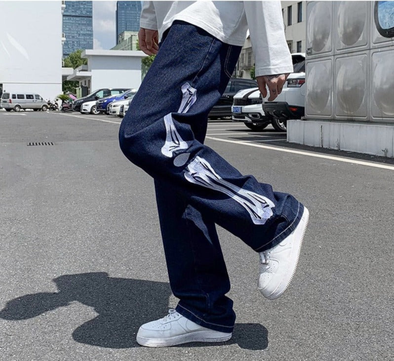 Voguable Men Skeleton Baggy Casual Pants 2021 Mens Japanese Streetwear Wide Leg Denim Trousers Male Y2k Blue Vintage Denim Pants voguable