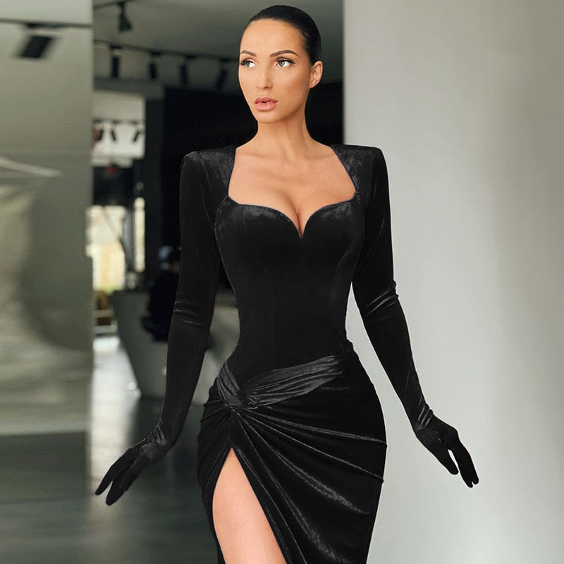 Voguabl Long Sleeve With Gloves Slash Neck Satin Sexy Maxi Dress 2021 Autumn Winter Women Solid Party Elegant Streetwear Outfit voguable