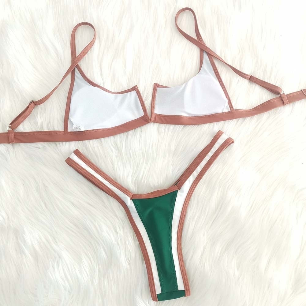 Voguable Vintage Retro Bikini Patchwork Swimsuit Thong Brazilian Sexy Swimwear Female 2021 New Summer Micro V-bar Green Bathing Suits voguable