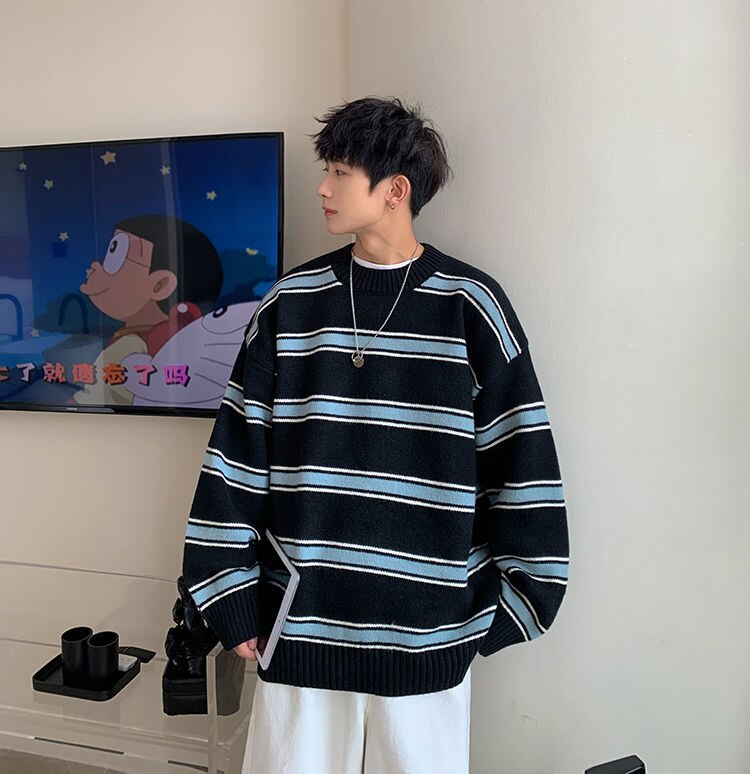Voguable Striped Sweater Men Round Neck Winter Pullover Sweater Korean Fashion Harajuku Loose Wild Long Sleeve Sweater Oversize voguable