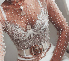 Voguable  Women Transparent O-Neck Long Sleeve Sexy Lace Mesh Shirt Club Party Tops Ladies 2020 Spring Pearl Beading Blouse Blusas voguable
