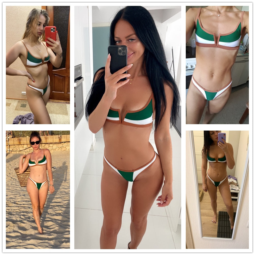 Voguable Vintage Retro Bikini Patchwork Swimsuit Thong Brazilian Sexy Swimwear Female 2021 New Summer Micro V-bar Green Bathing Suits voguable