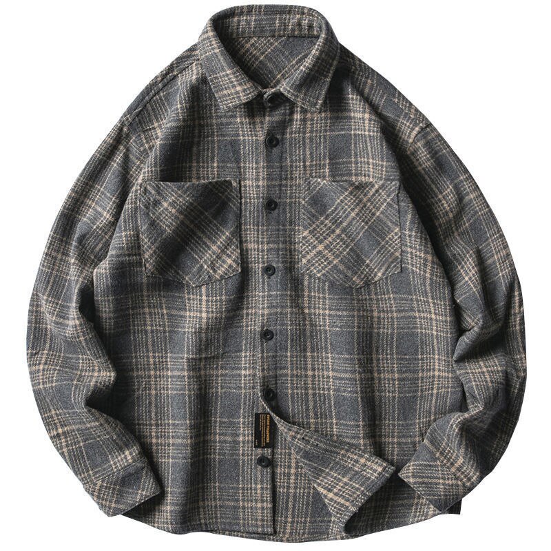 Voguable Japanese Fashion Retro Woolen Tooling Plaid Shirt for Men Cotton Turn-down Collar Buttons Long Sleeve Loose Casual Harajuku voguable