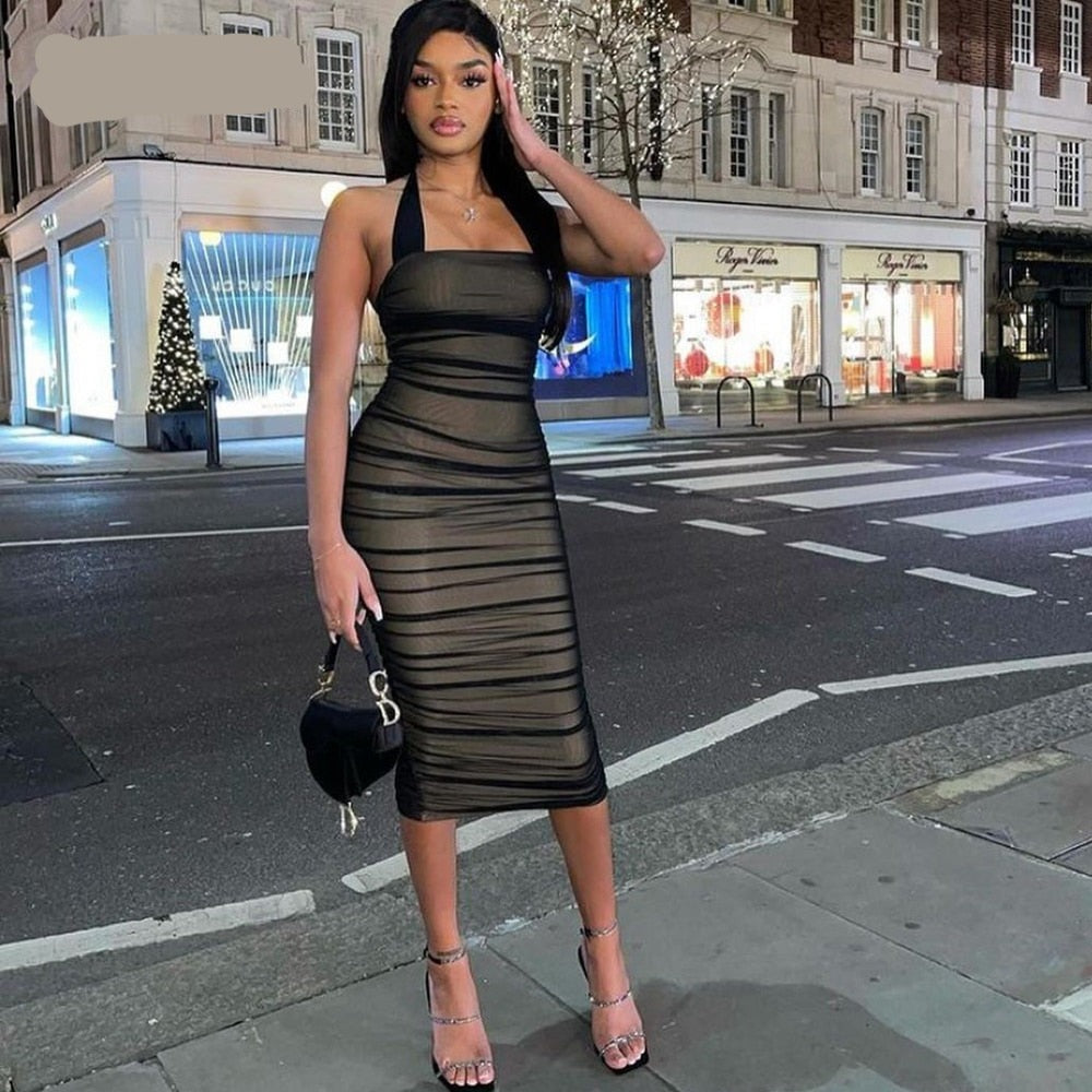 Halter Ruched Mesh Bodycon Club Wear Party Dress Solid Stretchy Sexy Women Outfits Slit Elegant Midi Dress voguable