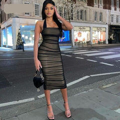 Halter Ruched Mesh Bodycon Club Wear Party Dress Solid Stretchy Sexy Women Outfits Slit Elegant Midi Dress voguable