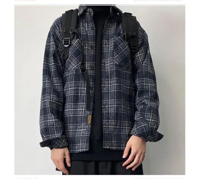 Voguable Japanese Fashion Retro Woolen Tooling Plaid Shirt for Men Cotton Turn-down Collar Buttons Long Sleeve Loose Casual Harajuku voguable