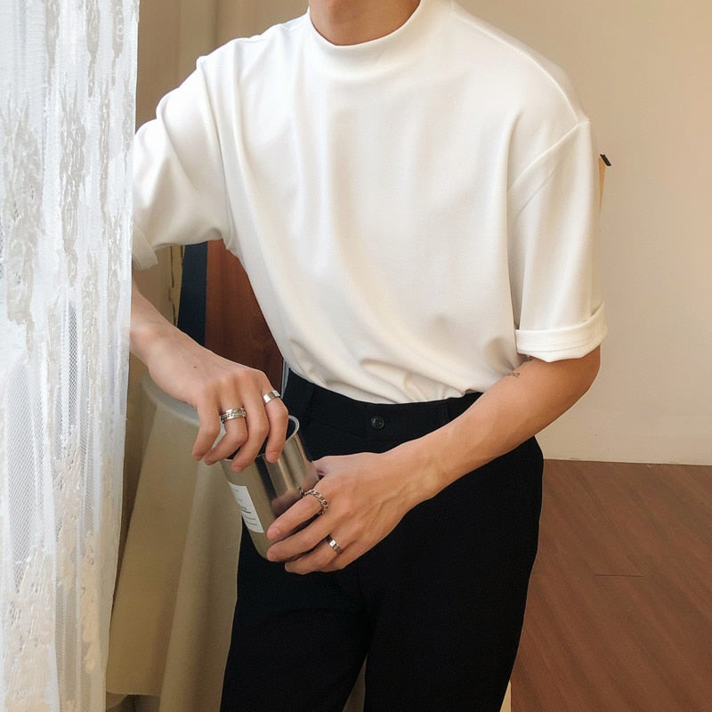 Men's wear  summer fashion Solid Color Turtleneck Short Sleeve Tee for men and women korean style casual tops voguable