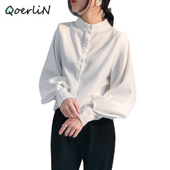 Voguable  Big Lantern Sleeve Blouse Women Autumn Winter Single Breasted Stand Collar Shirts Office Work Blouse Solid Vintage Blouse Shirts voguable