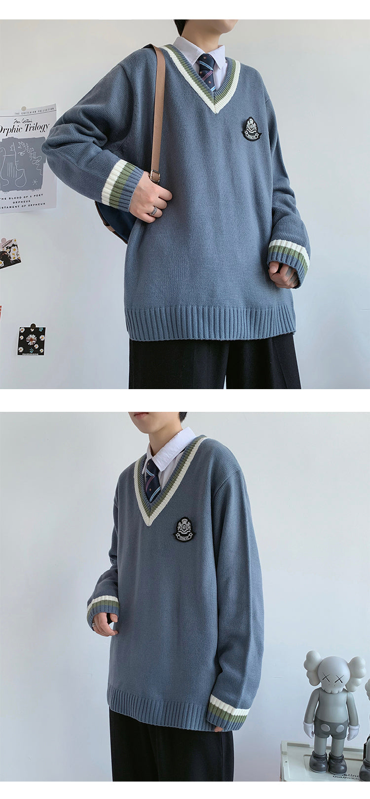 Voguable Men's Casual Sweater Oversize JK Knitted V-Neck Pullover Winter Woman Thicken Warm College Pullovers Unisex voguable