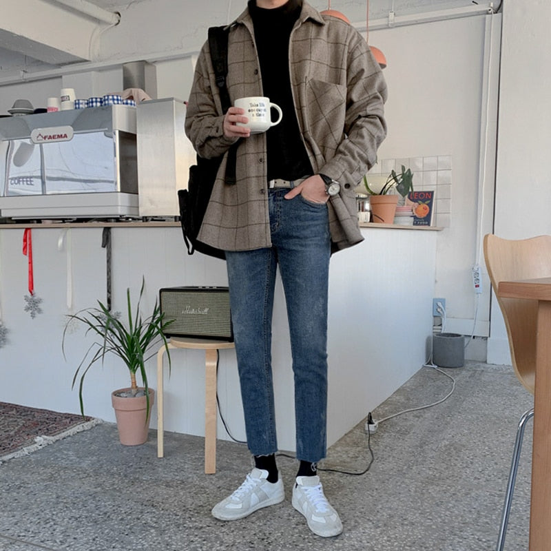 Autumn Thick Woolen Plaid Shirts Men's Casual Loose Korean Trend Long Sleeve Button Up fit Tops Fashion 9Y4518 voguable