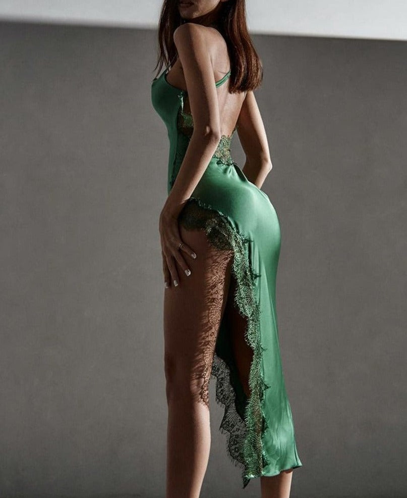 Voguable  Satin Solid Halter Bandage Backless Lace Sexy Irregular Maxi Dress 2022 Spring Sexy Evening Party Elegant Robe voguable