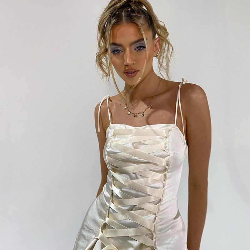 Bomblook 2021 Solid Charmeuse Bandage Backless Sleeveless Shirring Lace-up Dress Summer Women Woods Elves Style Streetwears voguable