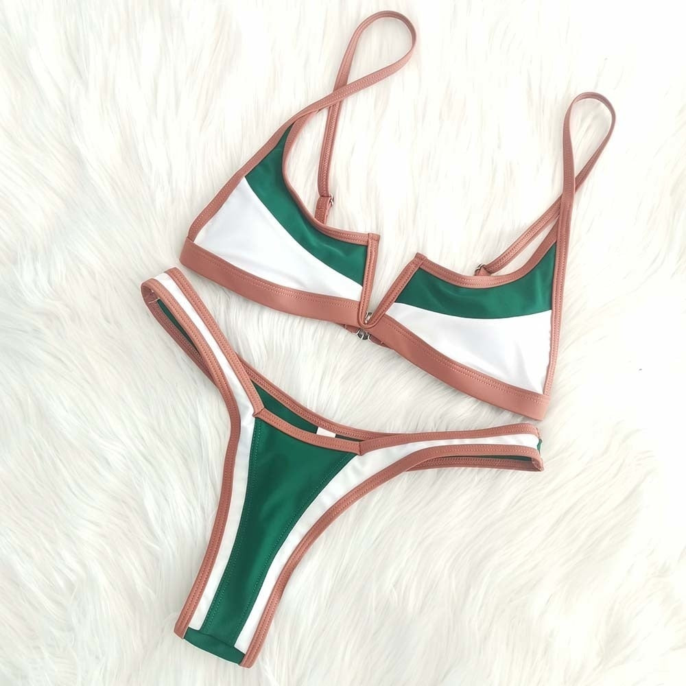 Voguable Vintage Retro Bikini Patchwork Swimsuit Thong Brazilian Sexy Swimwear Female 2021 New Summer Micro V-bar Green Bathing Suits voguable