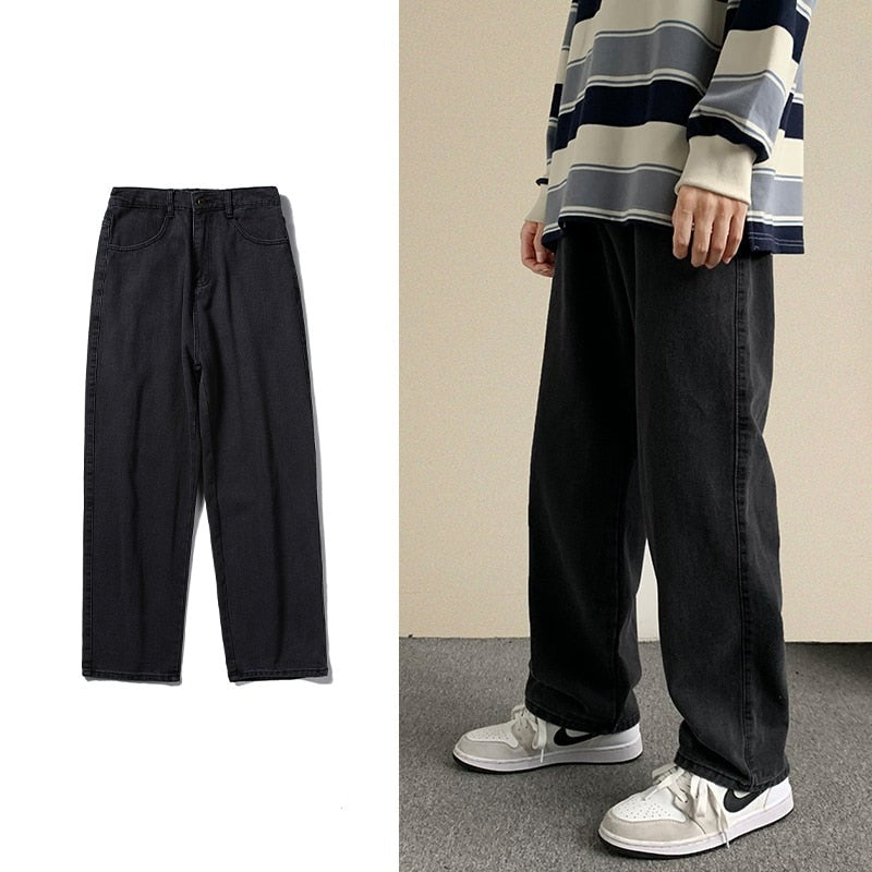 Voguable 2021 Autumn New Streetwear Baggy Jeans Men Korean Fashion Loose Straight Wide Leg Pants Male Brand Clothing Black Light Blue voguable