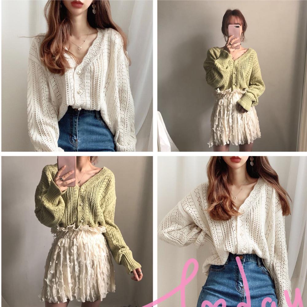 Voguable  Cropped Cardigan Women Spring Chic Hollow Out Elegant V-Neck Korean Vintage Femme Jumper White Sweet Girls Pearls Lady Knitwear voguable