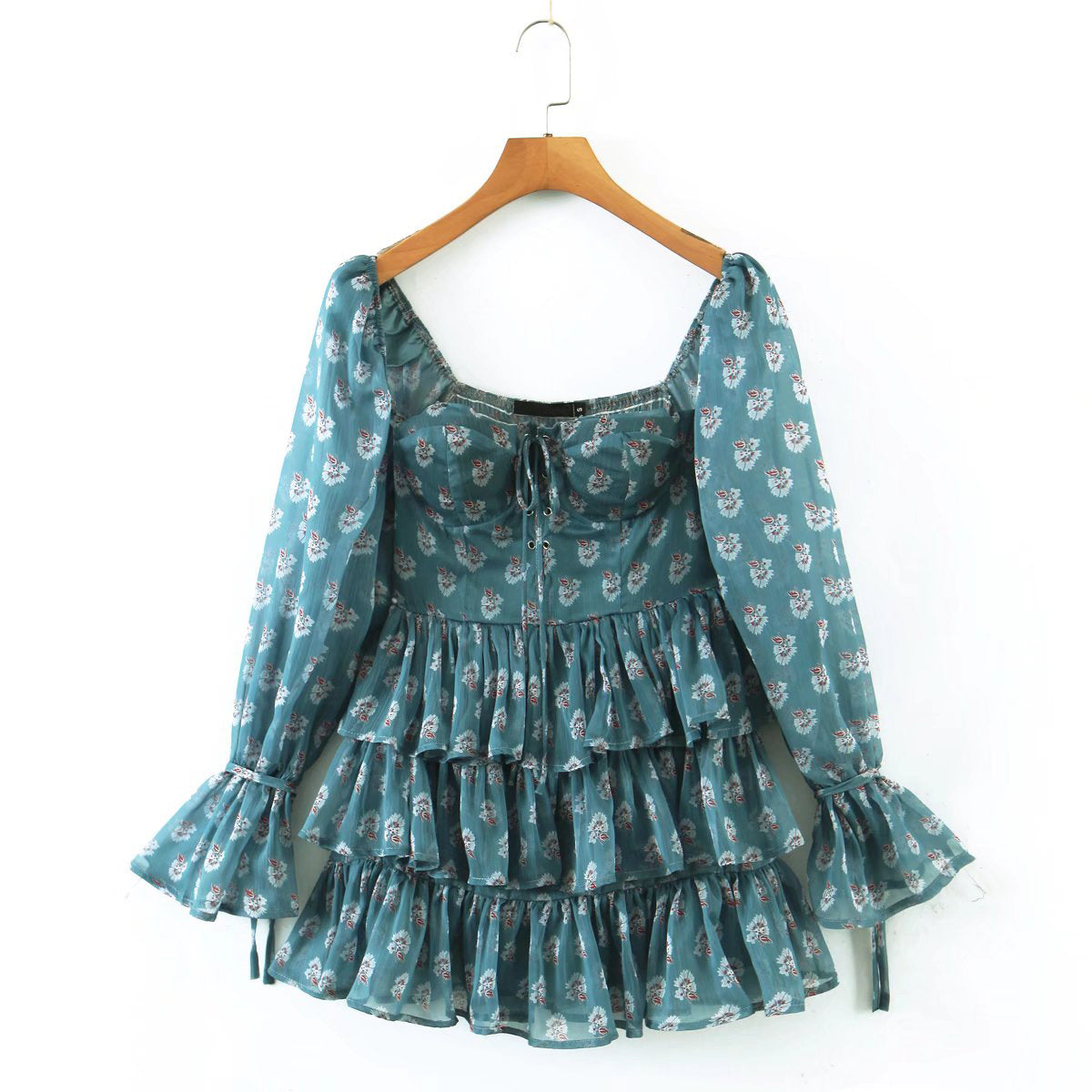 Voguable  Summer Women Floral Print Ruffle Cake Chiffon Dress Sexy Collar Long Sleeve Holiday Vintage Dress Ladies Short Robe voguable